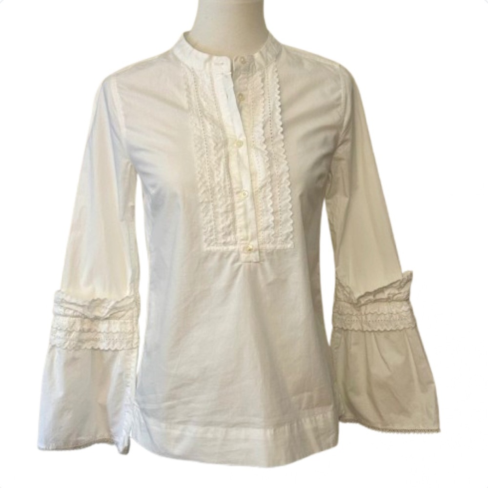 J. Crew Eyelet Crochet Bell Sleeve Popover Mandarin Collar Cotton Blouse Top S